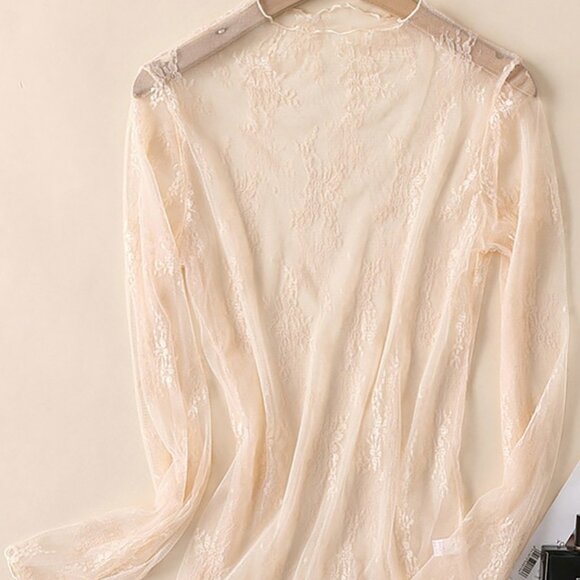 Sunset and Shores Tops - I-17 🌟 Lace Floral Long Sleeve Mesh Top Apricot Cream
